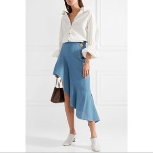 Rejina Pyo Ella Asymmetric Ruffle Linen Midi Skirt Blue Woven Women’s 10